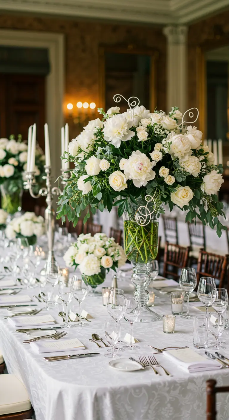 Longue table de mariage élégante avec de grandes compositions de pivoines blanches, roses et chandeliers argentés.
