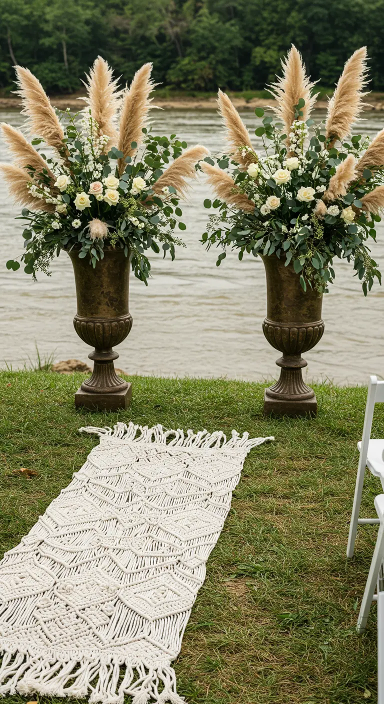 Deux grandes urnes avec des compositions florales volumineuses au bord de l'eau.
