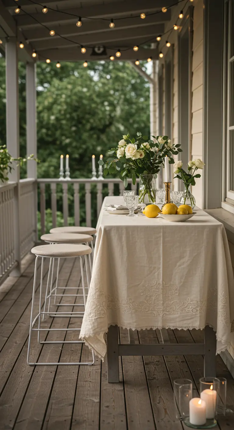 Long porche avec table rectangulaire beige brodée, tabourets, roses blanches, citrons et chandeliers.