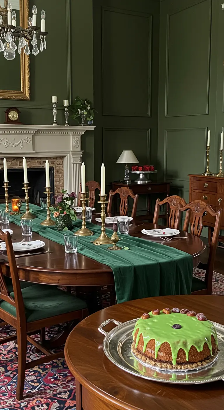 Salle à manger classique avec murs verts, chemin de table en velours, chandeliers en laiton, gâteau.