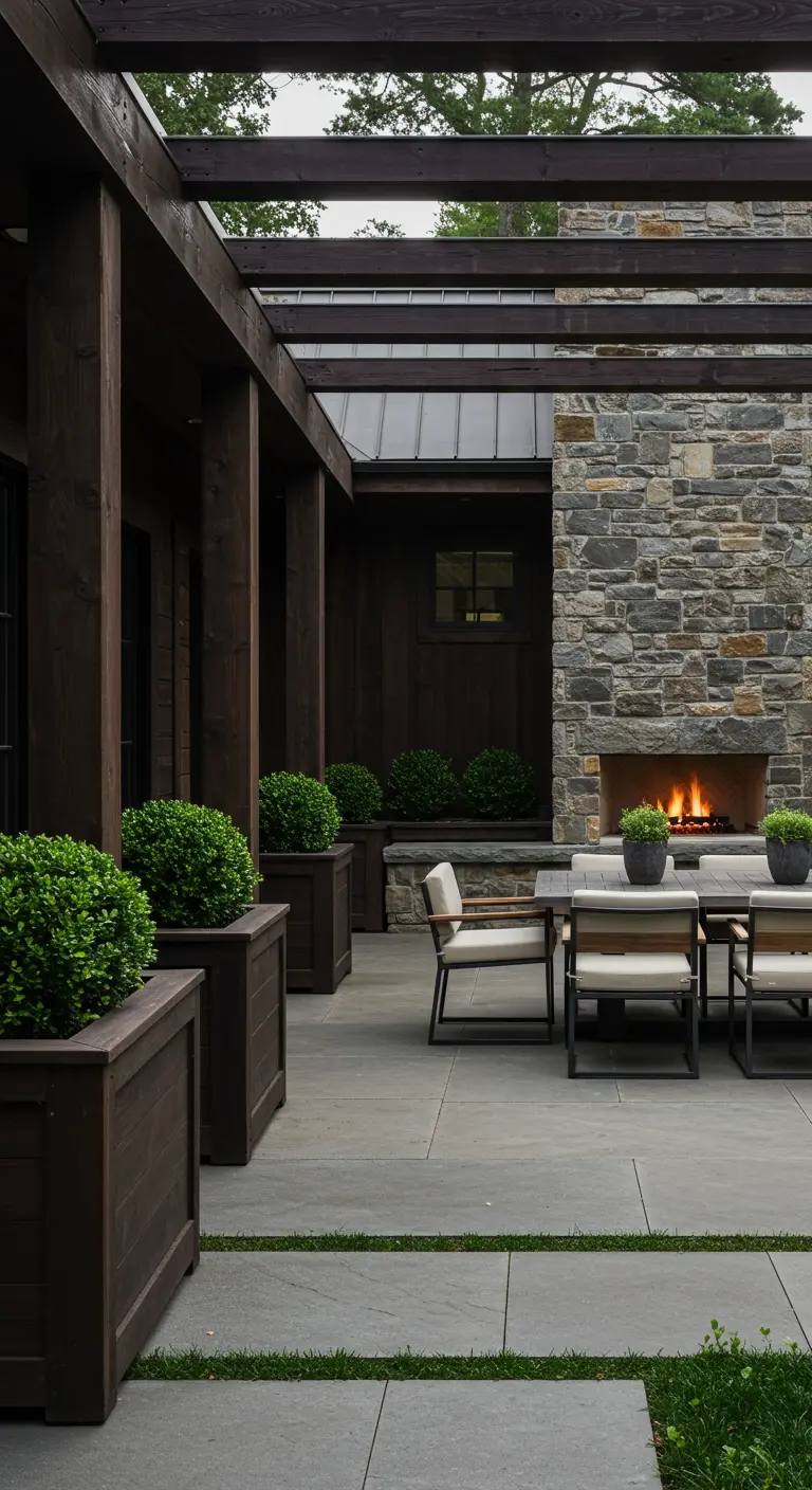 Patio moderne avec jardinières en bois foncé de buis, cheminée en pierre, table à manger sous pergola.