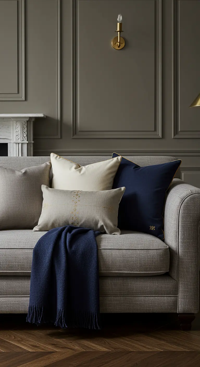 Canapé gris avec des coussins bleu marine, beige et crème aux finitions soignées, et un plaid marine.