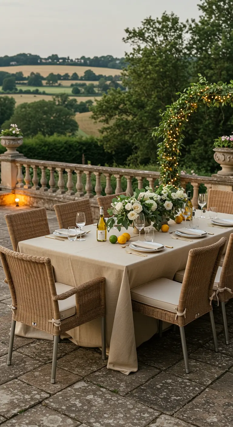 Table élégante avec nappe beige, chaises en osier, bouquet de roses blanches, citrons et petite arche lumineuse.