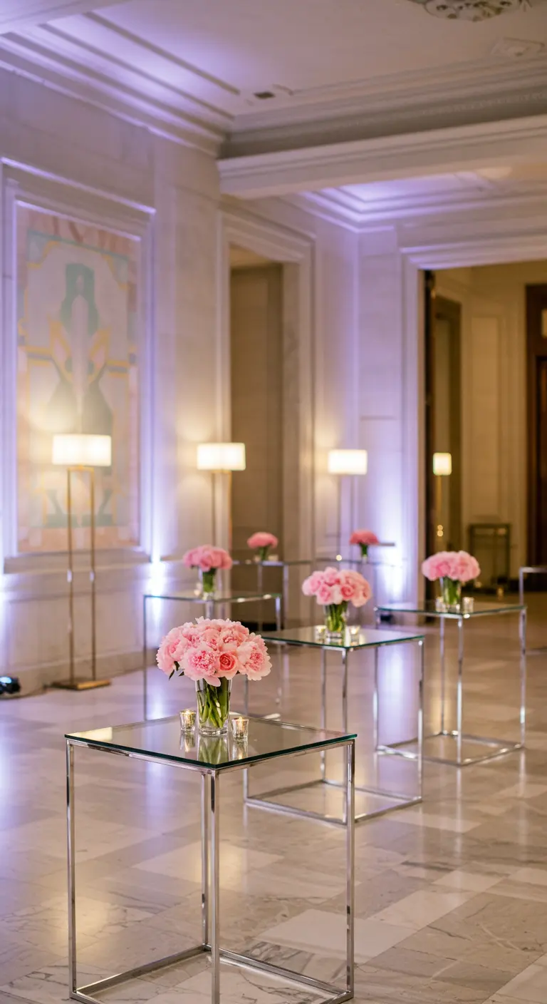 Hall élégant avec petites tables en verre, vases de pivoines roses et éclairage ambiant.