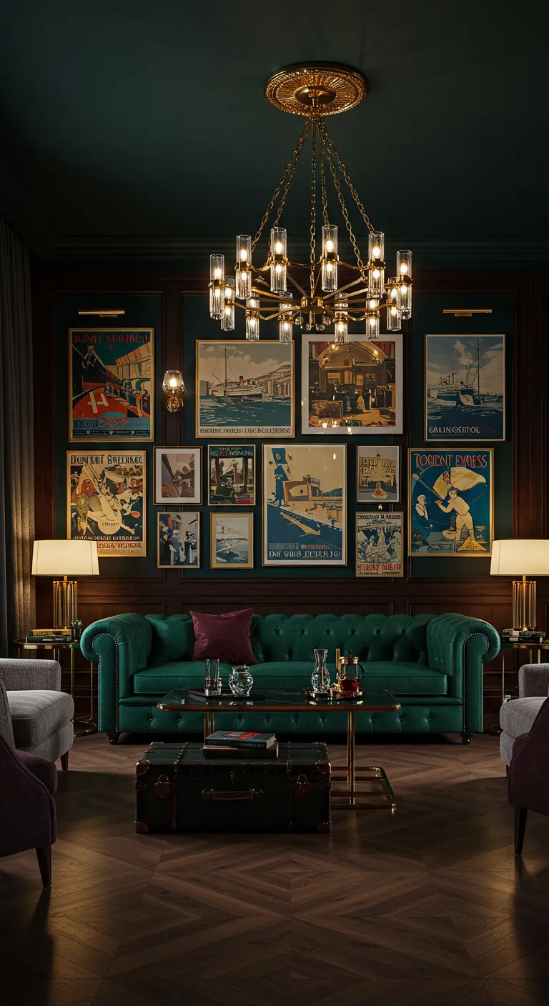 Salon élégant avec un mur de cadres d'affiches de voyage vintage, canapé chesterfield vert foncé.