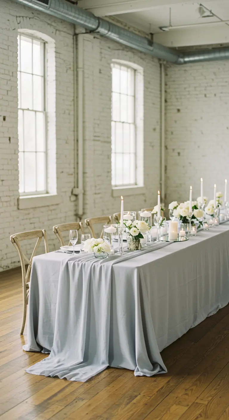 Table minimaliste avec une nappe grise, des bougies blanches et un chemin de miroir.