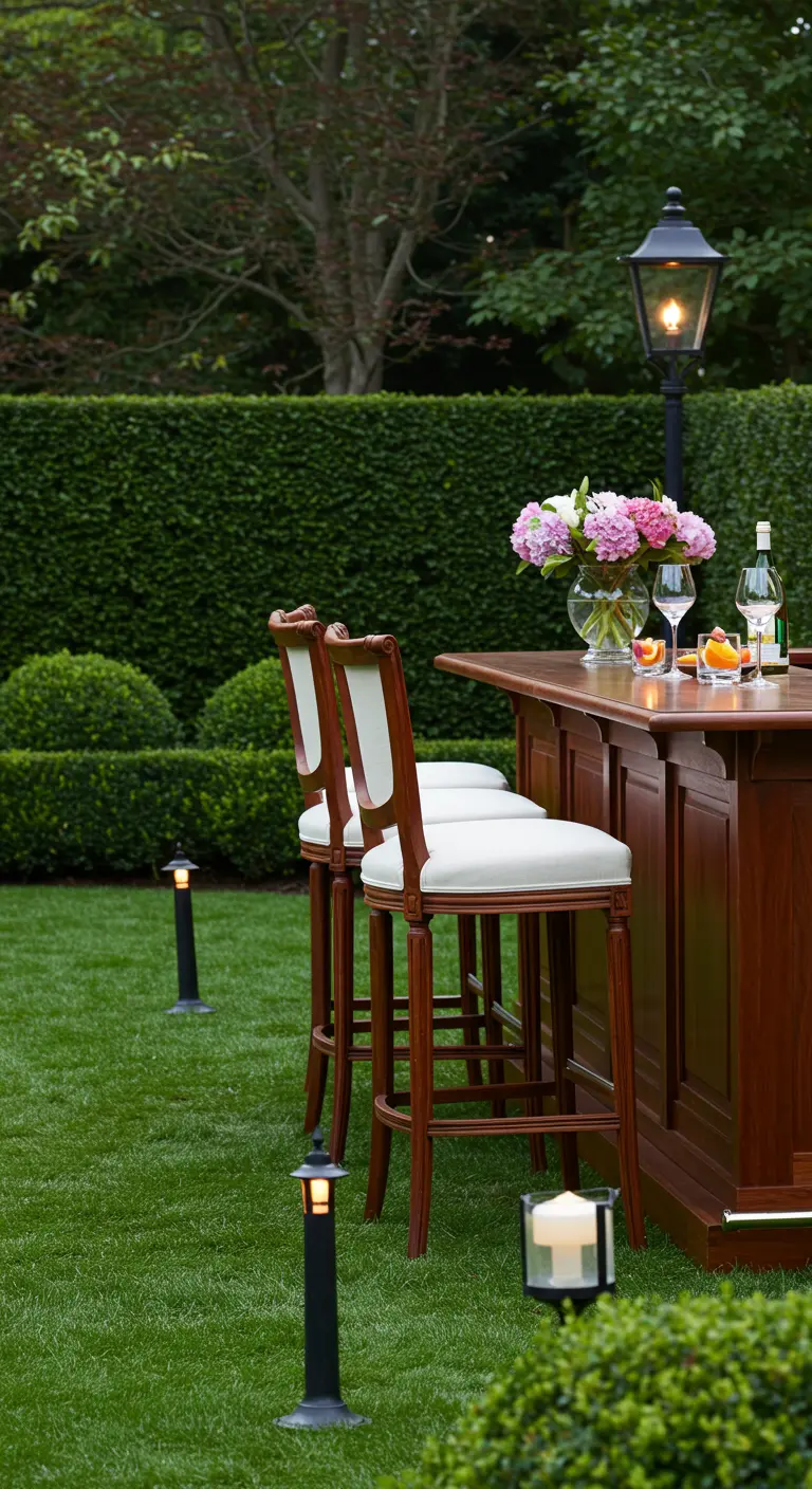 Bar en acajou classique avec des chaises hautes rembourrées sur une pelouse impeccable.