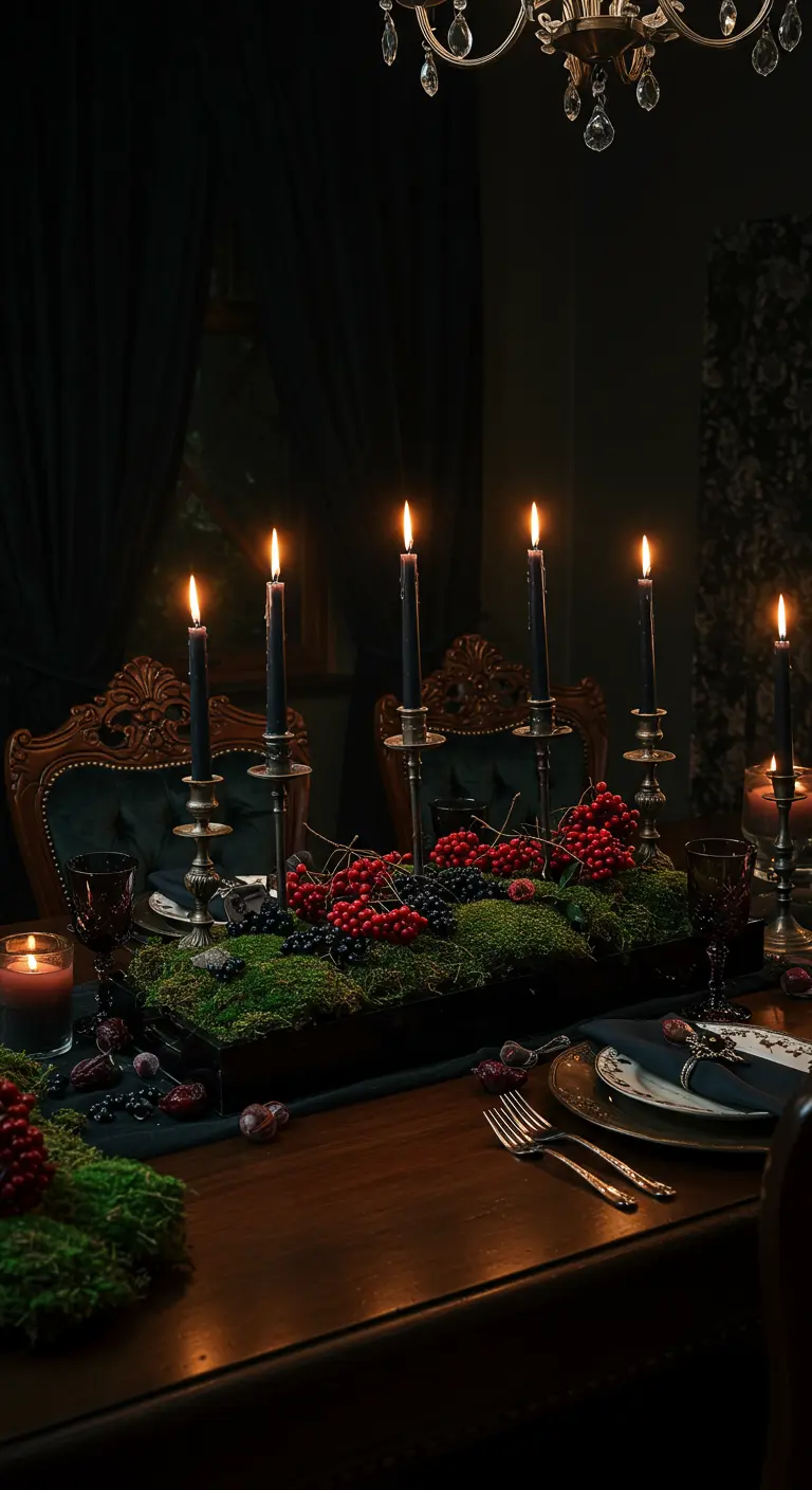 Centre de table gothique avec mousse foncée, bougies noires, baies sombres et grenades sur une table élégante.