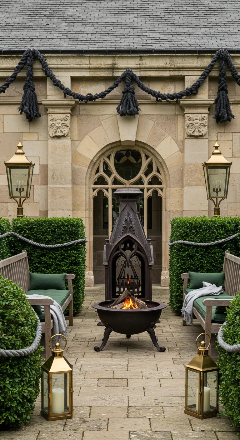 Cour de château avec un brasero gothique, des bancs en bois et une guirlande de corde noire.