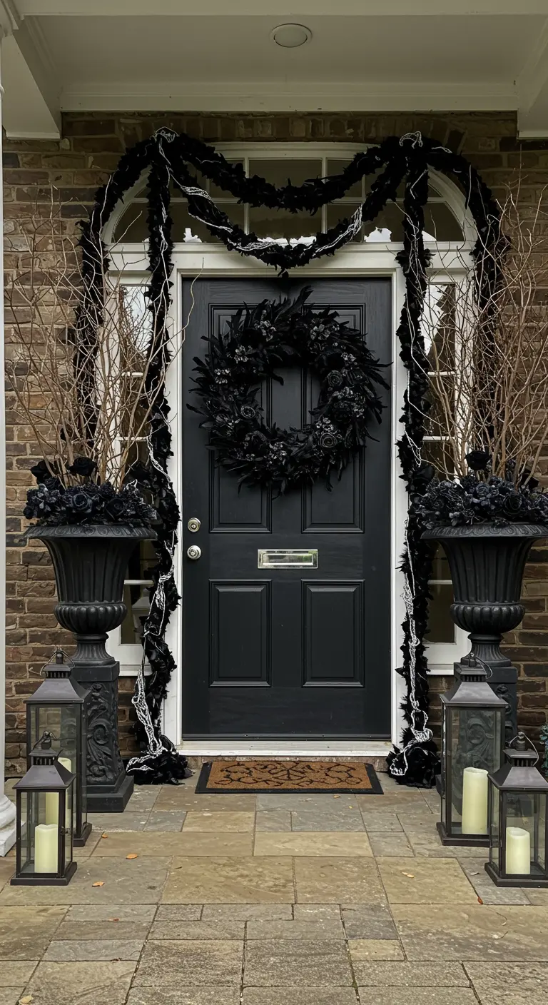 Porte d'entrée noire avec couronne et guirlande noires pour Halloween.
