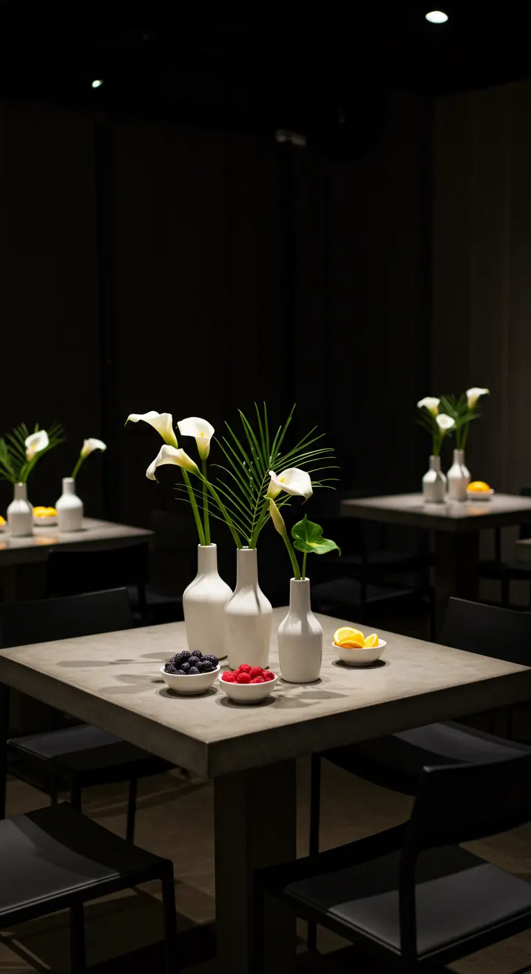 Table noire avec des centres de table minimalistes de callas blancs et de feuilles de palmier.