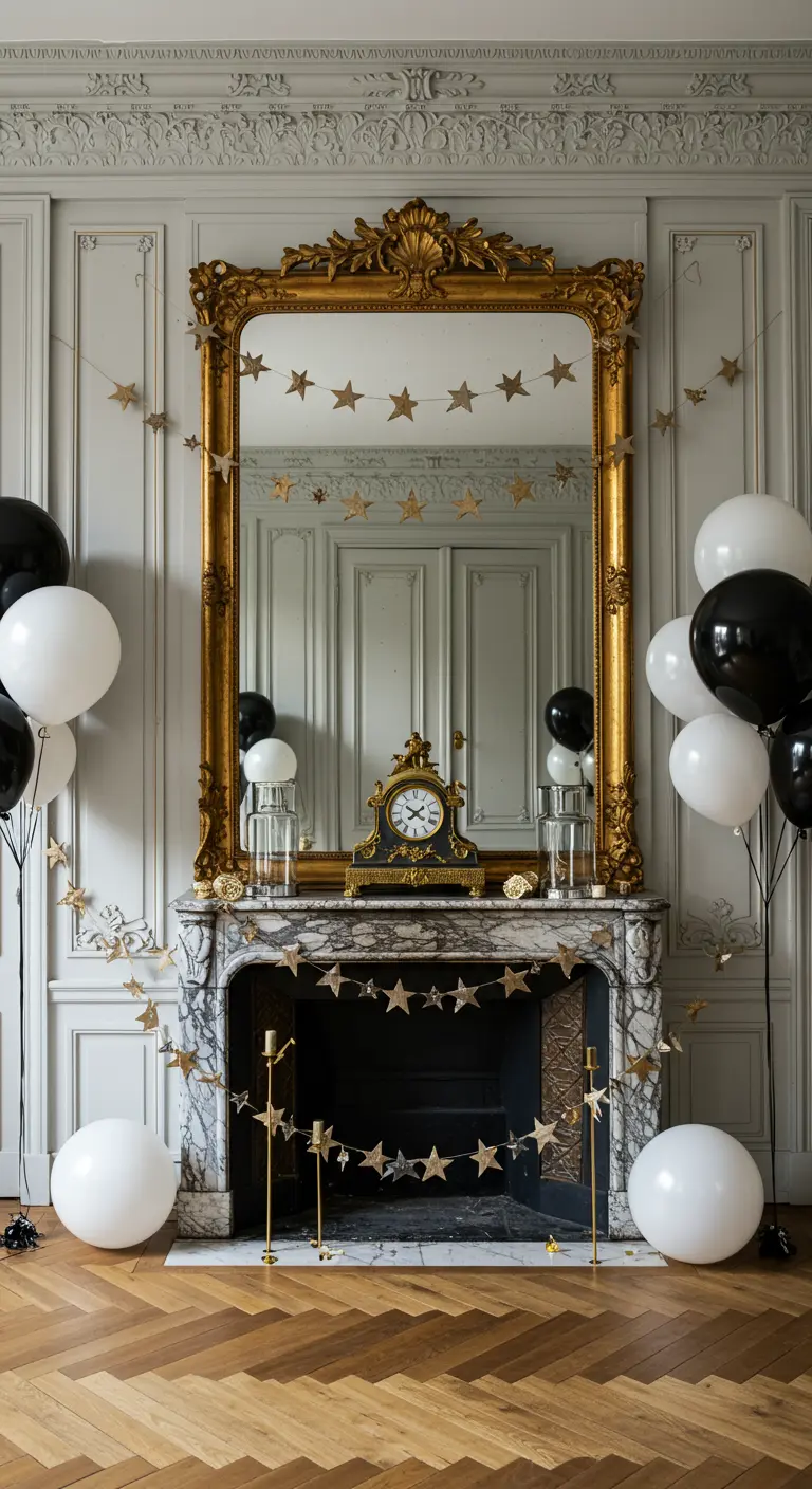 Cheminée en marbre décorée d'une horloge, guirlandes d'étoiles et ballons.