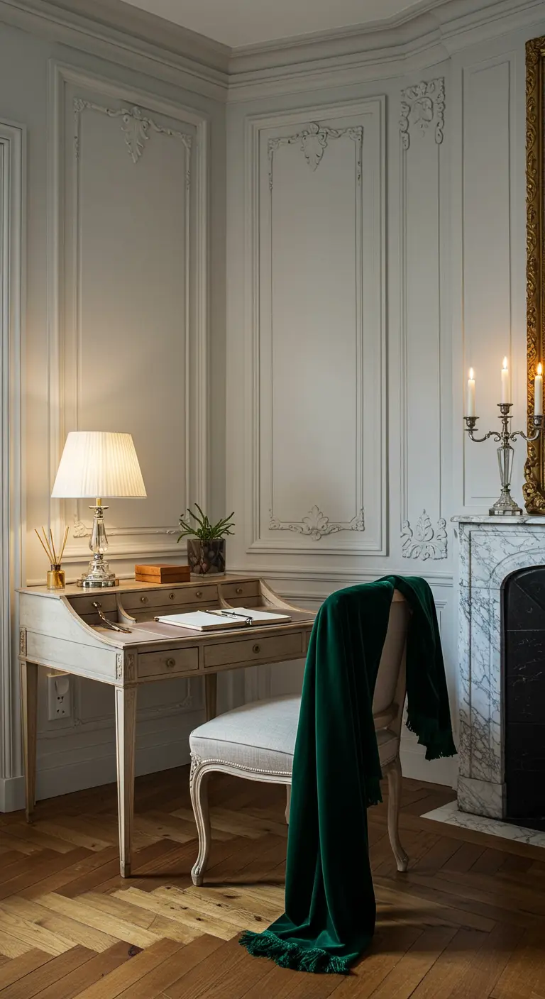 Bureau classique dans un angle de salon haussmannien, avec moulures, cheminée et plaid en velours vert.