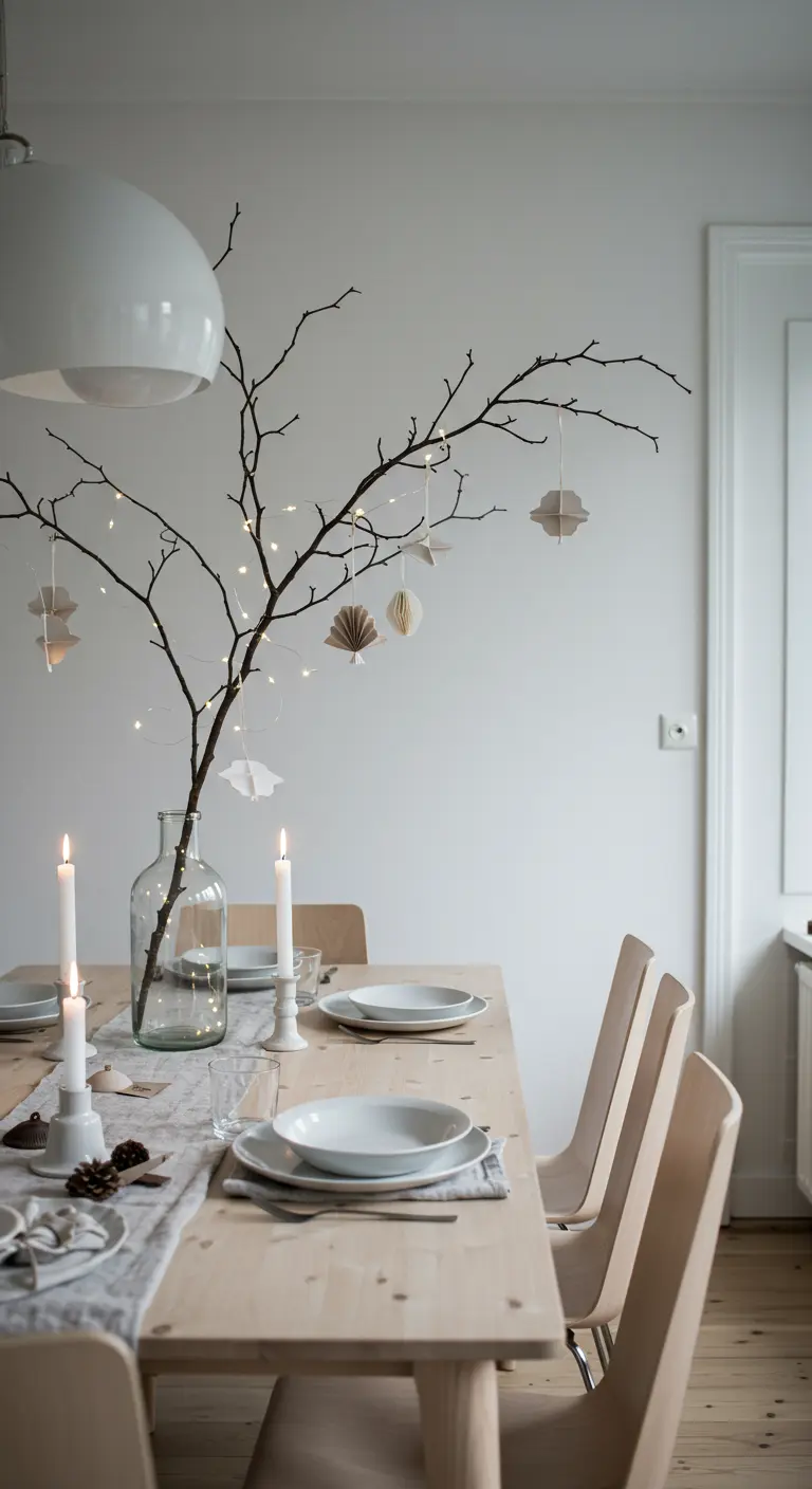 Table scandinave avec une branche décorée de lumières LED et d'ornements en papier dans un grand vase.
