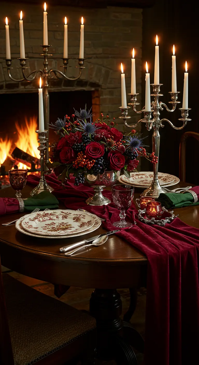 Table de Noël classique avec nappe en velours bordeaux, roses rouges, baies et chandeliers argentés, cheminée en fond.