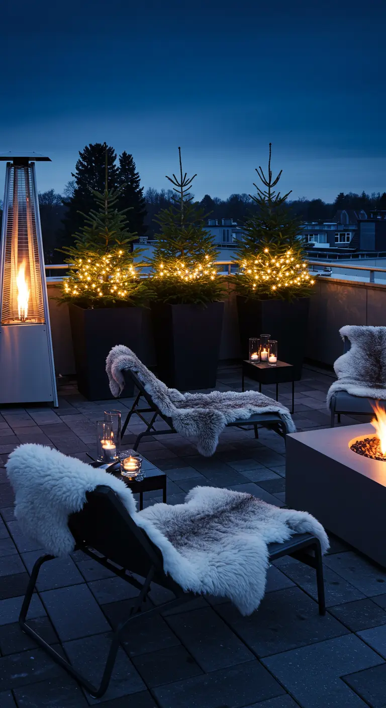 Terrasse de toit en hiver avec sapins illuminés, fauteuils avec plaids en fausse fourrure et foyer extérieur.