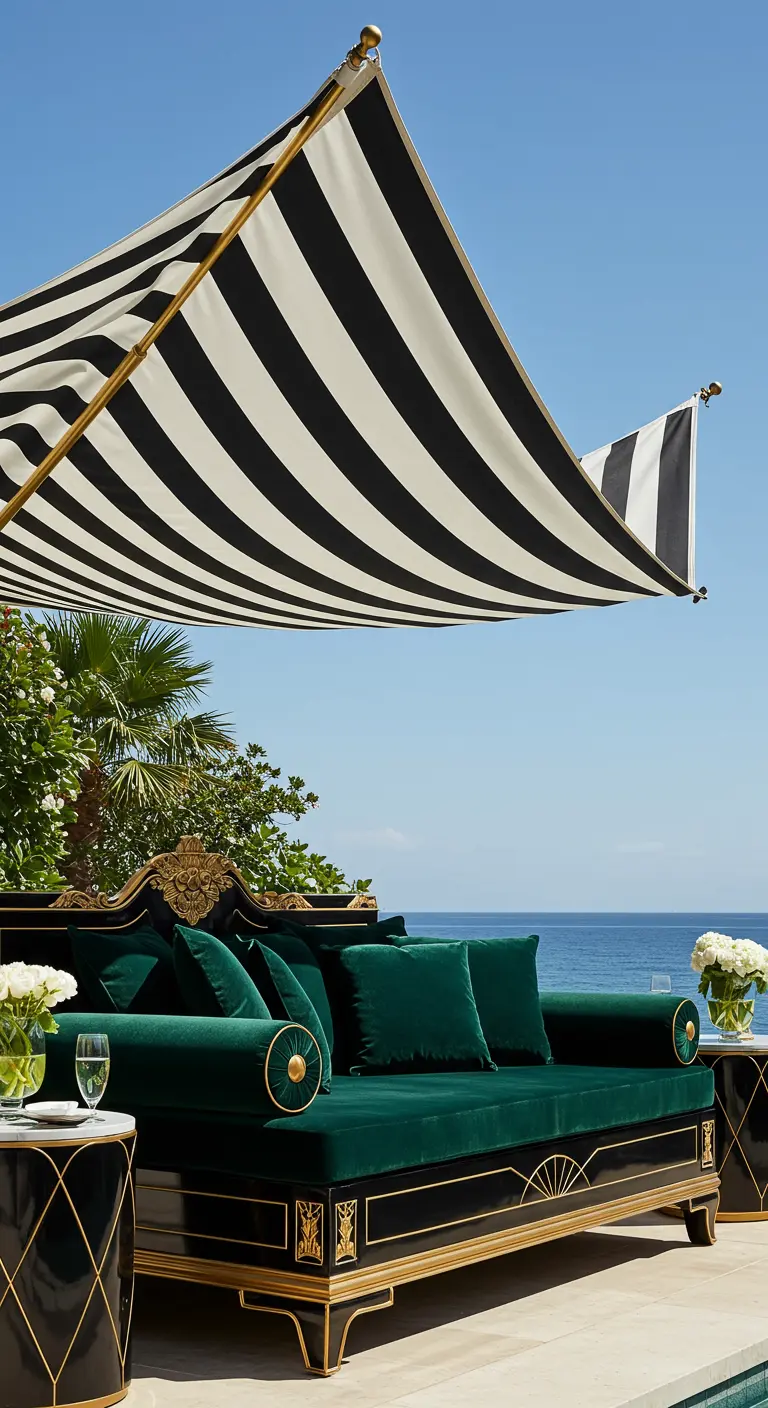 Lit de jour noir et or avec des coussins en velours vert