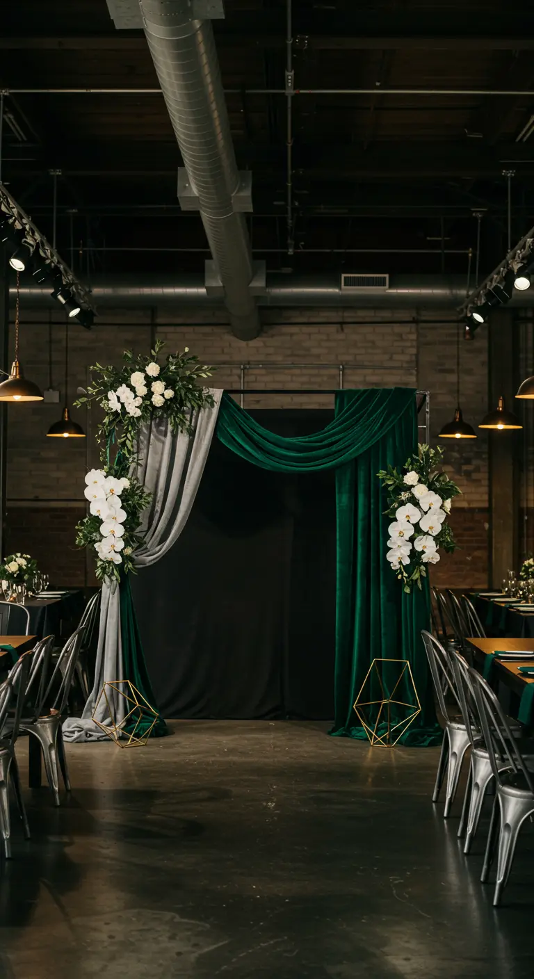 Arche de mariage industrielle avec tissus velours vert émeraude et gris, orchidées blanches, accents dorés.