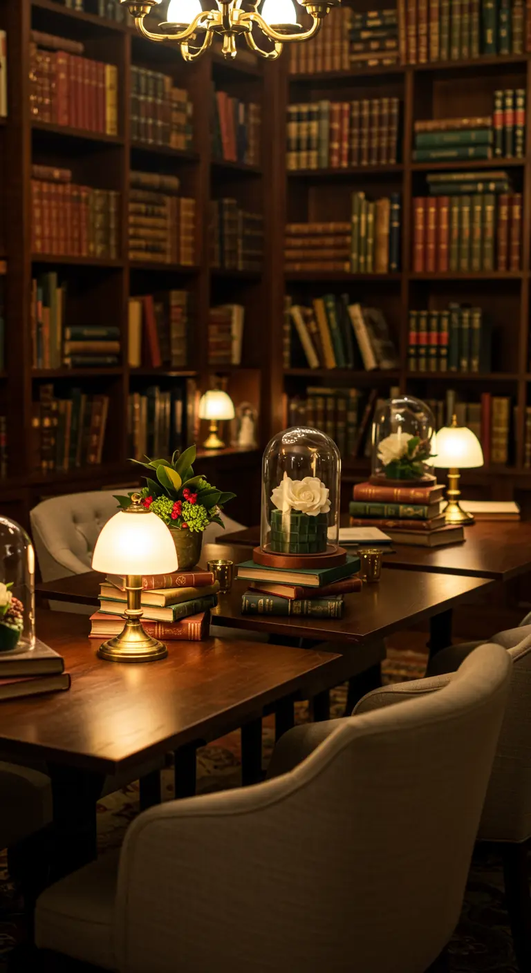 Longues tables dans une bibliothèque avec lampes de table, livres, cloches en verre et roses blanches.