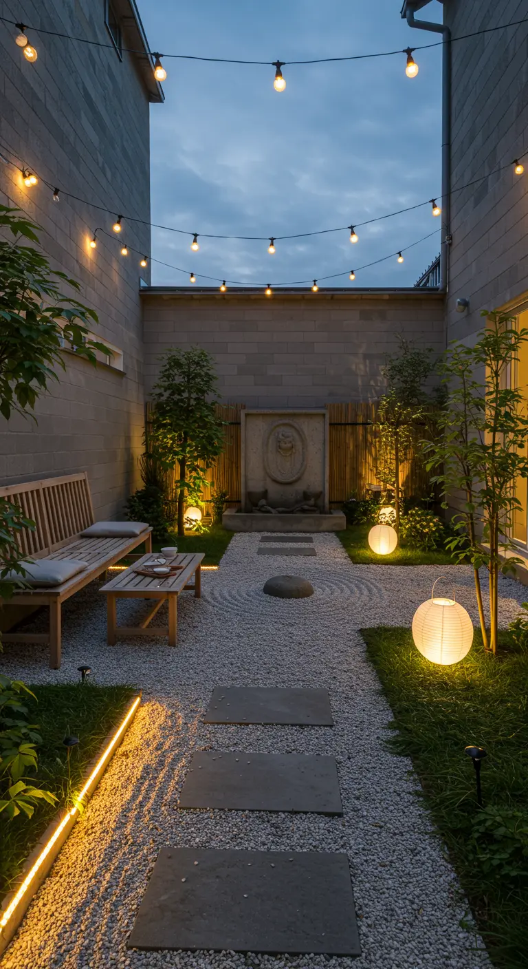 Jardin zen avec guirlandes lumineuses, rubans LED au sol, lampions ronds, banc en bois et fontaine.
