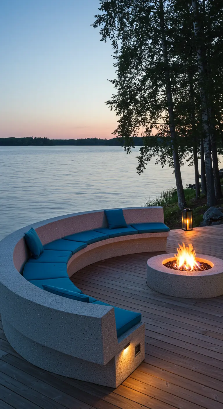 Banquette incurvée en béton au bord d'un lac avec des coussins turquoises, foyer au gaz, sur une terrasse en bois.