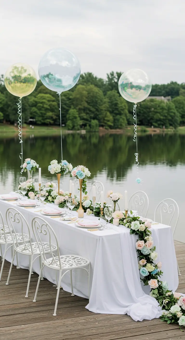 Table élégante sur un ponton au bord d'un lac, décorée de roses pastel et de ballons translucides.