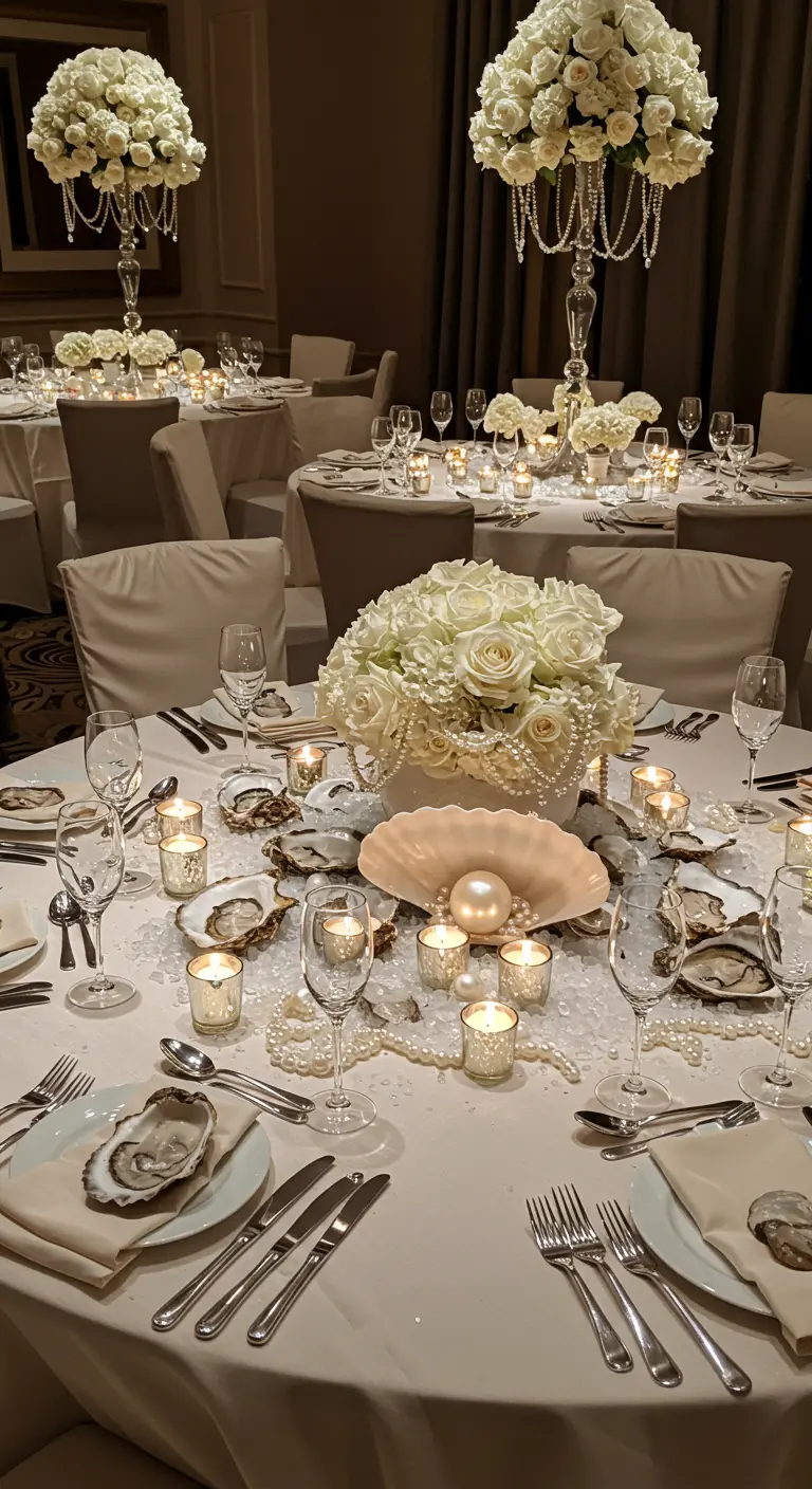 Table blanche décorée de roses, perles, coquillages d'huîtres et bougies.