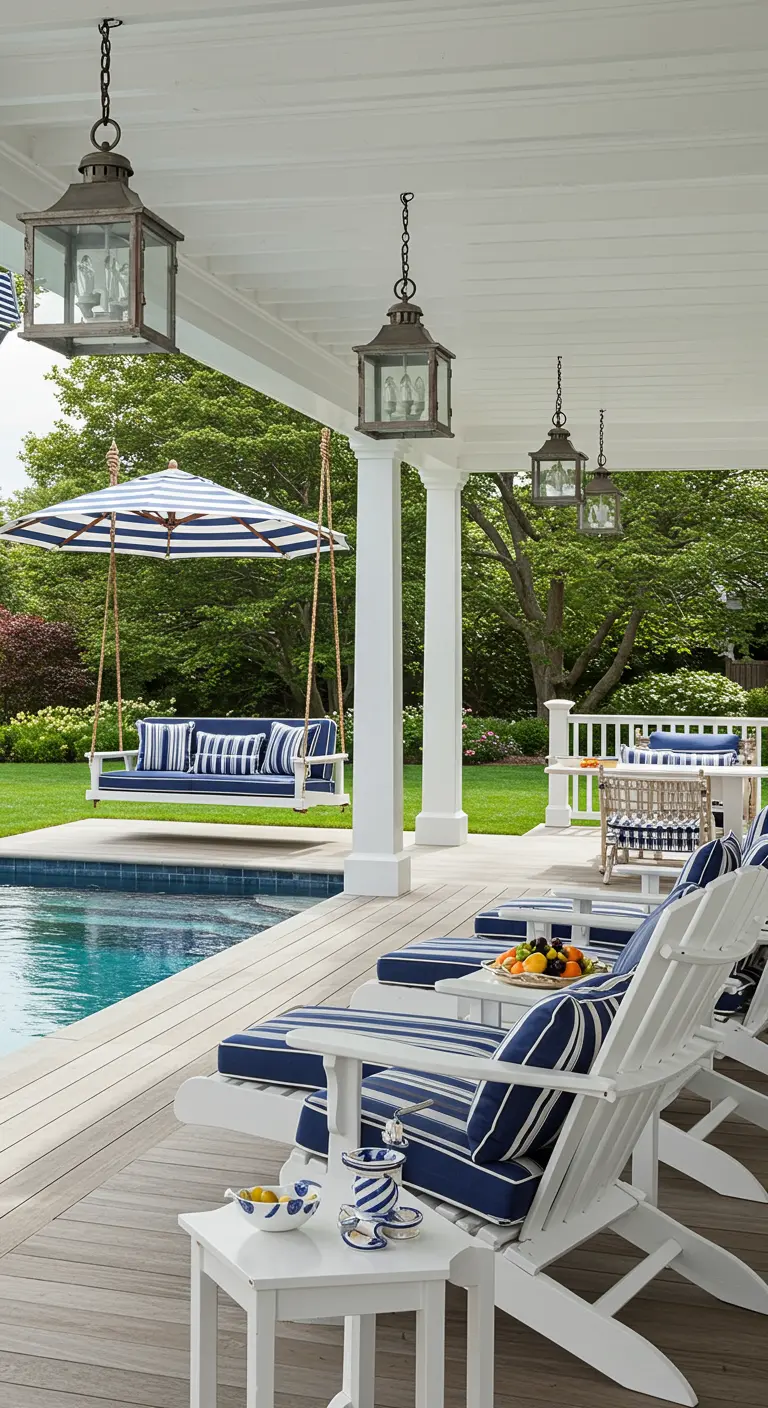 Balançoire et transats rayés bleu et blanc style Hamptons près d'une piscine.