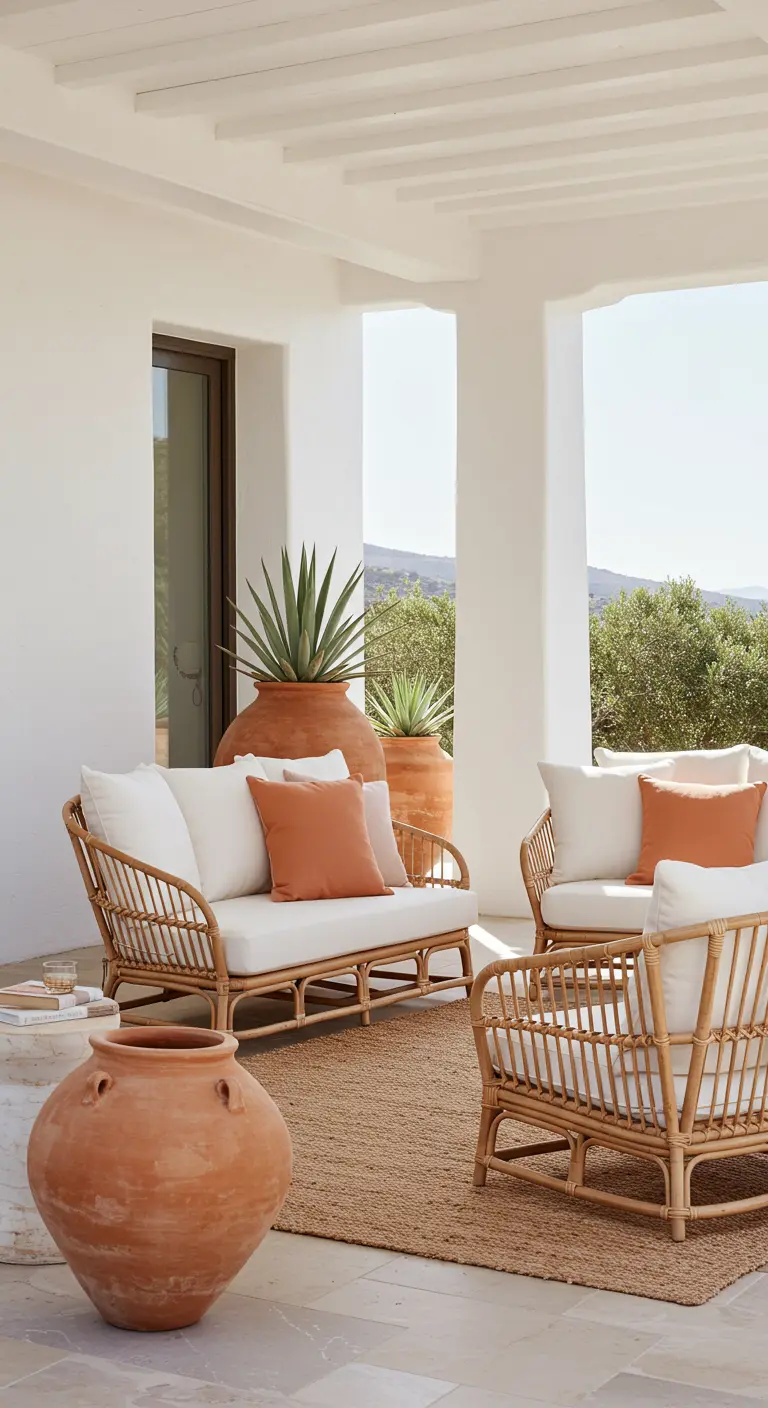 Salon de jardin en rotin avec coussins blancs et pots en terre cuite sur une terrasse.