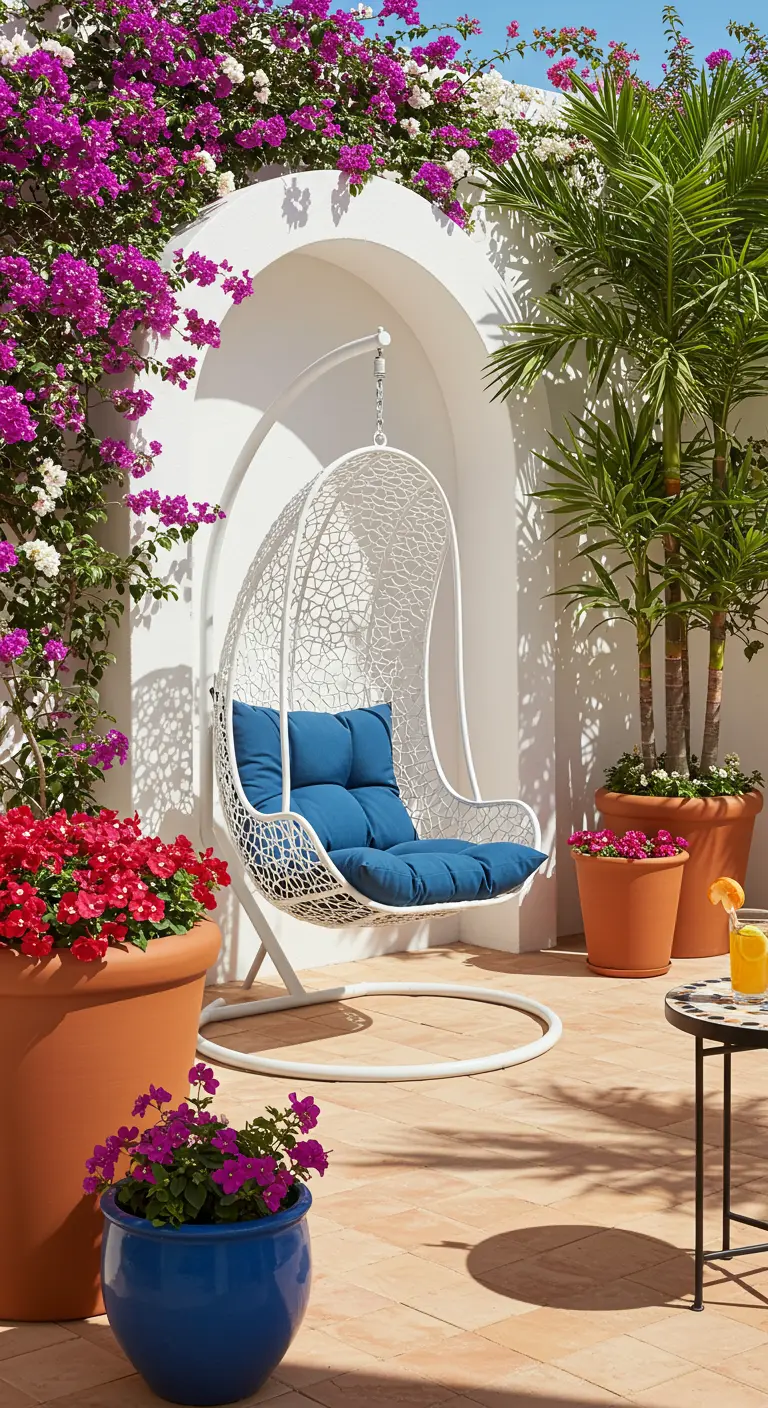 Chaise suspendue blanche sous une arche blanche avec bougainvilliers fuchsia et palmiers.