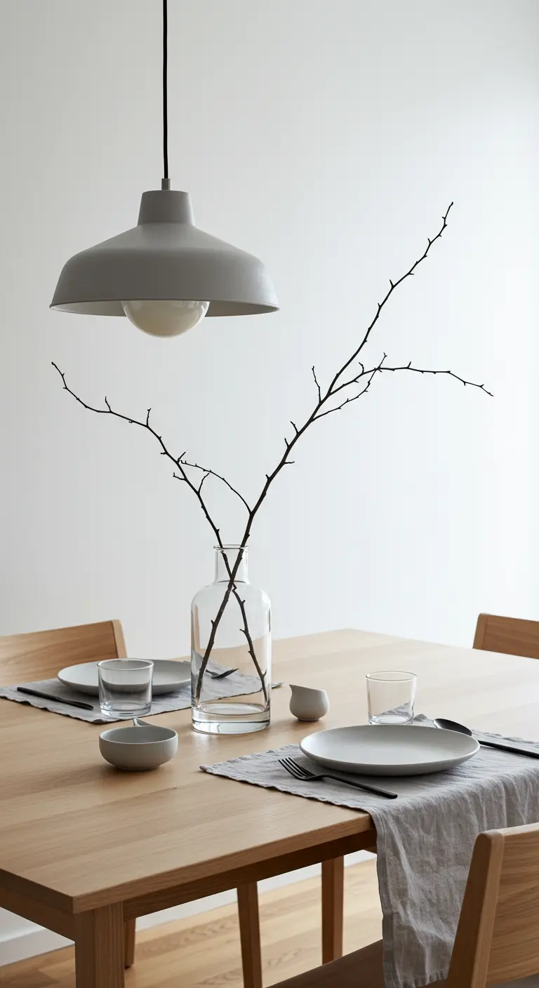 Table minimaliste avec une branche dans un vase, vaisselle en céramique et sets en lin.