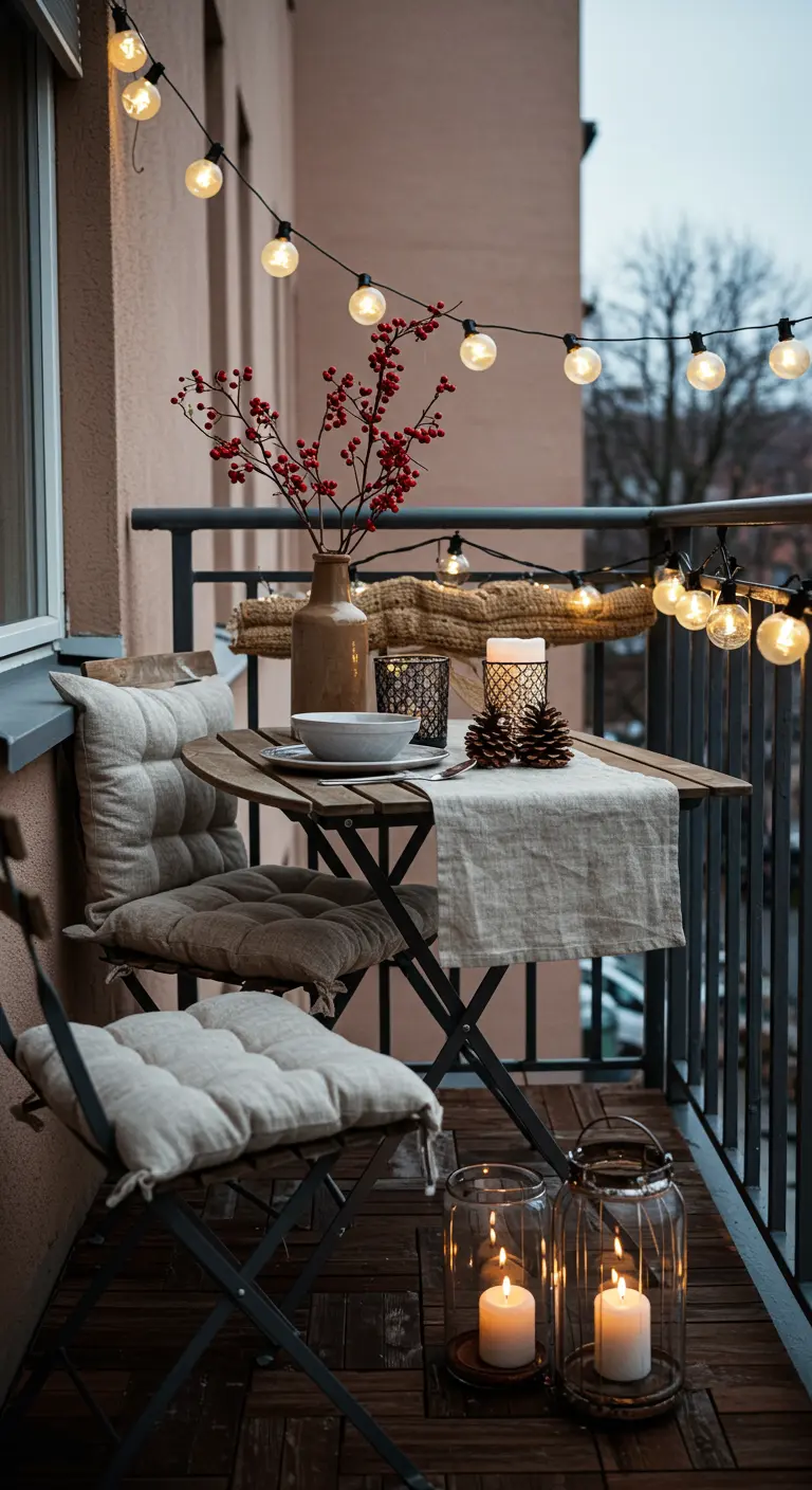 Petit balcon décoré avec branches de baies rouges, guirlandes lumineuses et bougies.