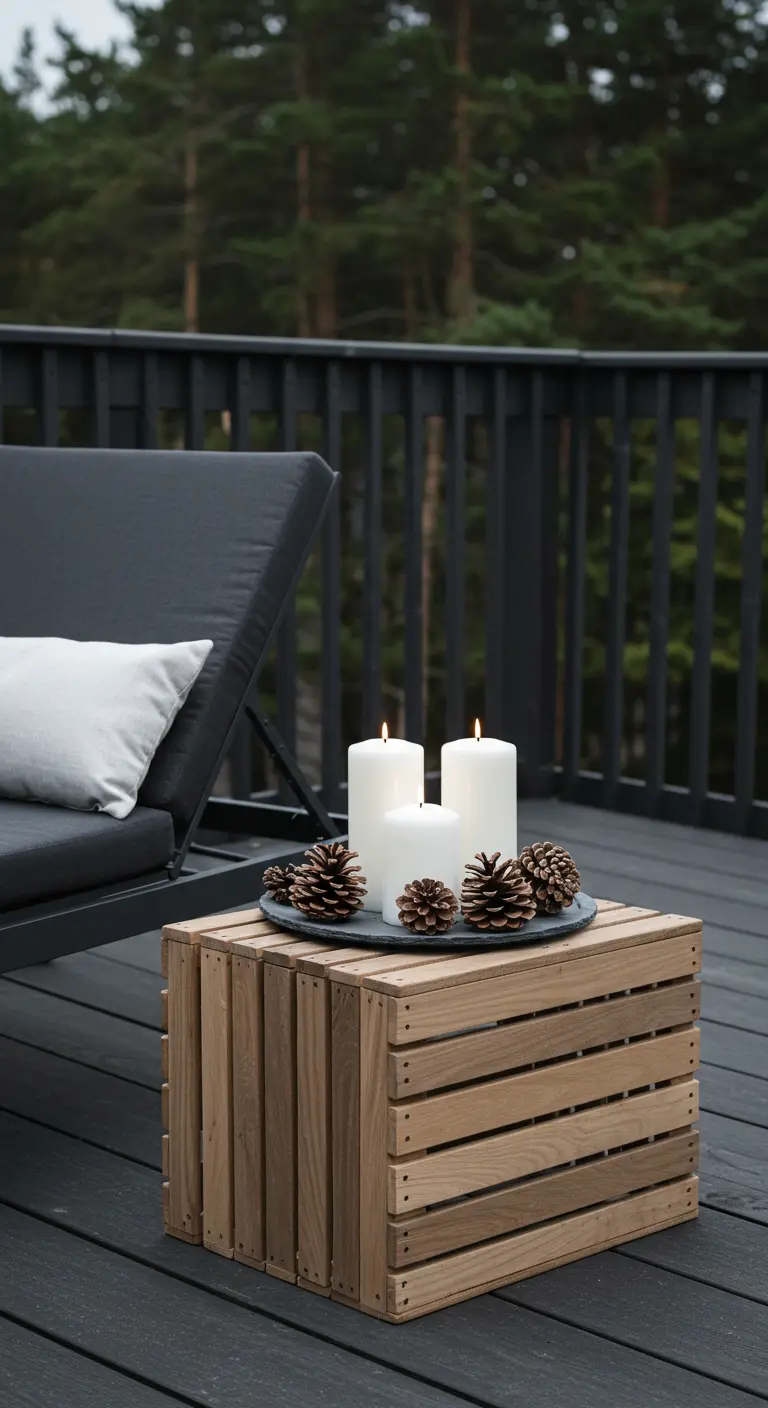 Caisse en bois retournée servant de table d'appoint avec un plateau de bougies et pommes de pin.