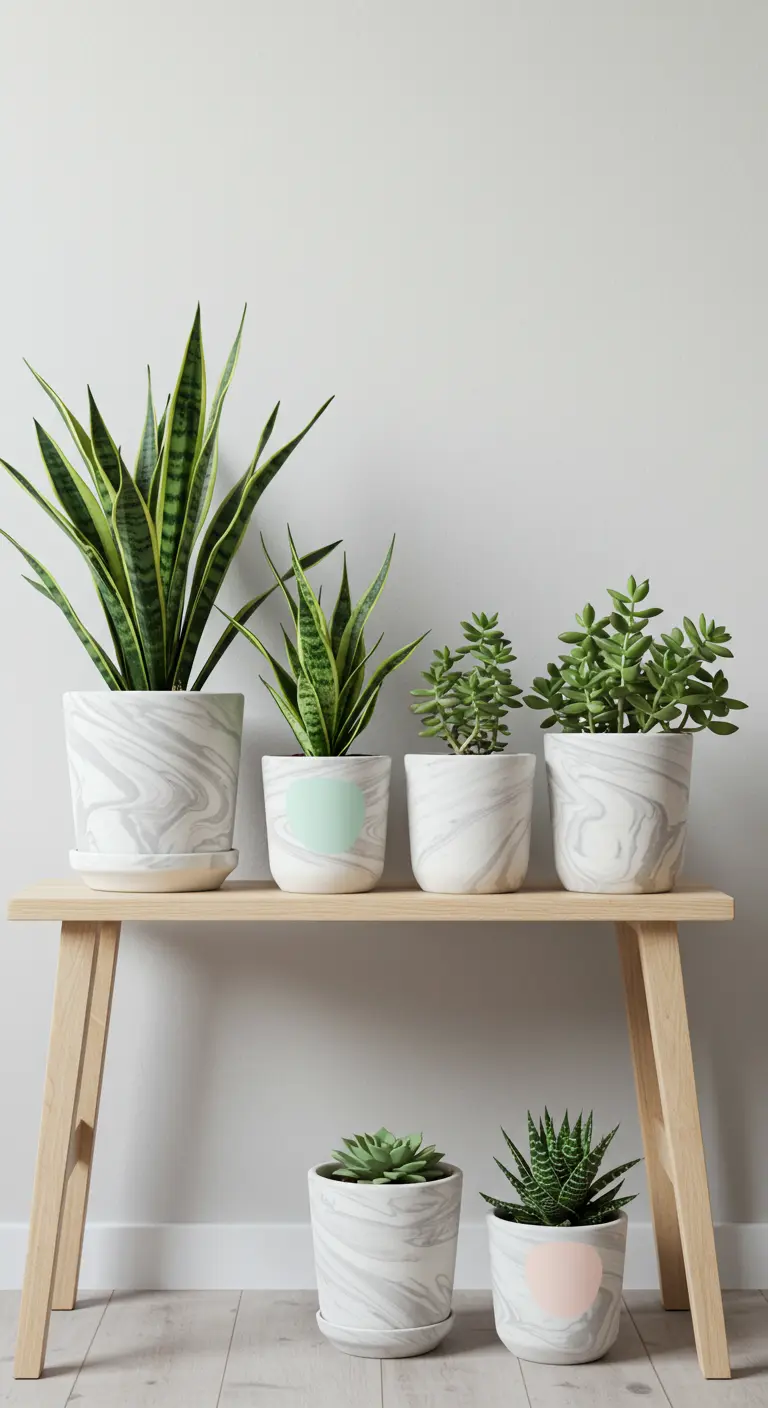 Pots marbrés blancs et gris avec diverses succulentes, disposés sur un banc en bois clair.