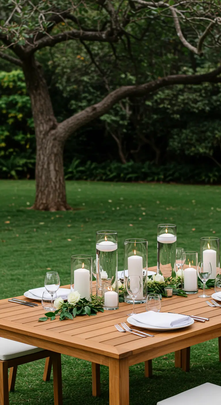 Table en bois sur pelouse, cylindres en verre avec bougies flottantes et roses blanches.