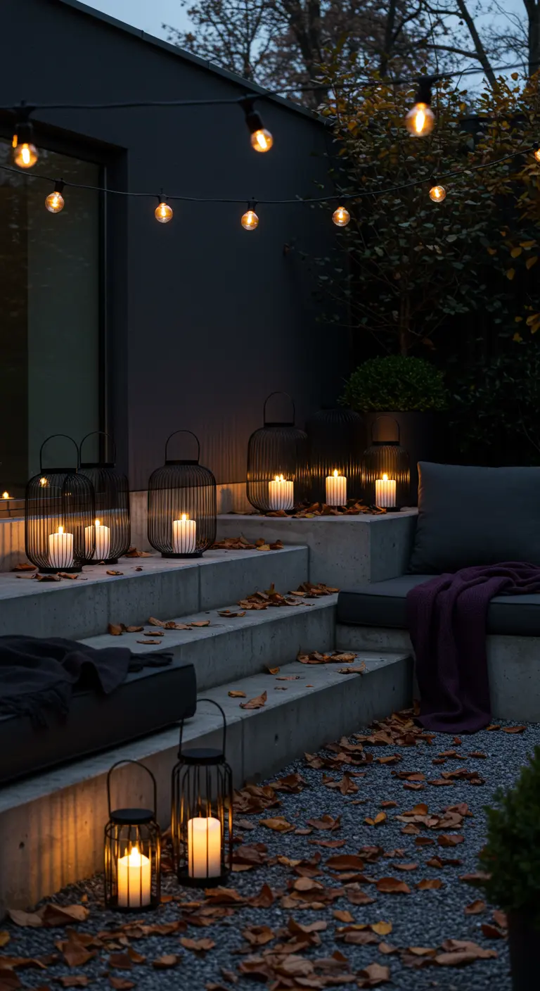 Marches extérieures modernes décorées de lanternes noires épurées et d'une guirlande lumineuse.