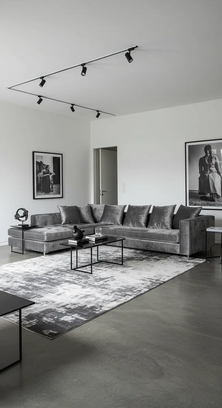 Salon moderne monochrome avec canapé en velours gris, tapis abstrait, art en noir et blanc et éclairage sur rail.