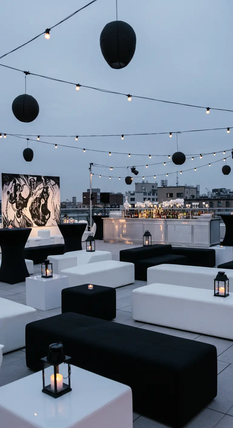 Rooftop noir et blanc avec canapés modulaires, lanternes noires, guirlandes lumineuses et écran.