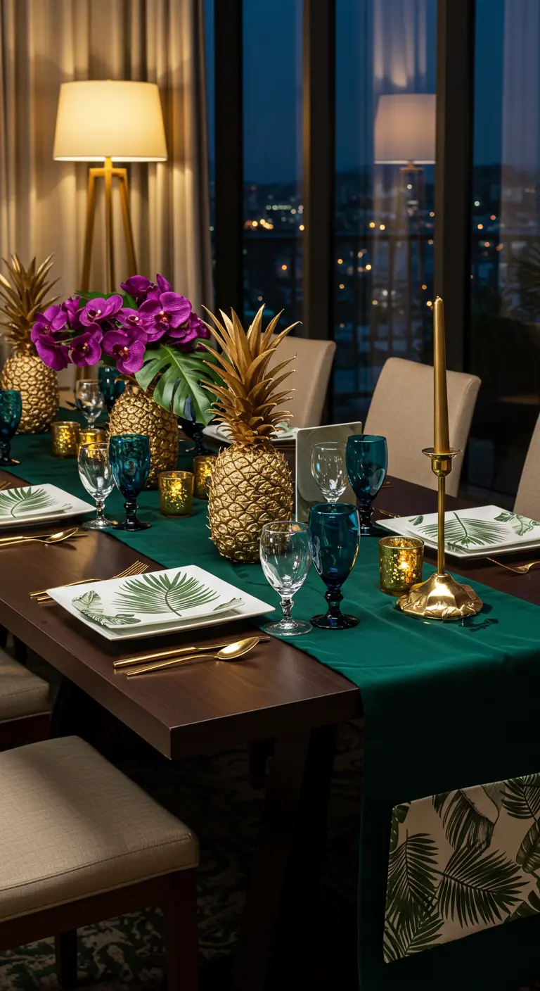 Table intérieure avec nappe verte, ananas dorés, orchidées violettes, bougeoirs dorés et verres bleus.