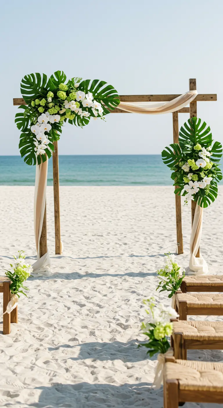 Arche en bois, fleurs blanches, monstera, voiles transparents, bancs en bois, plage.