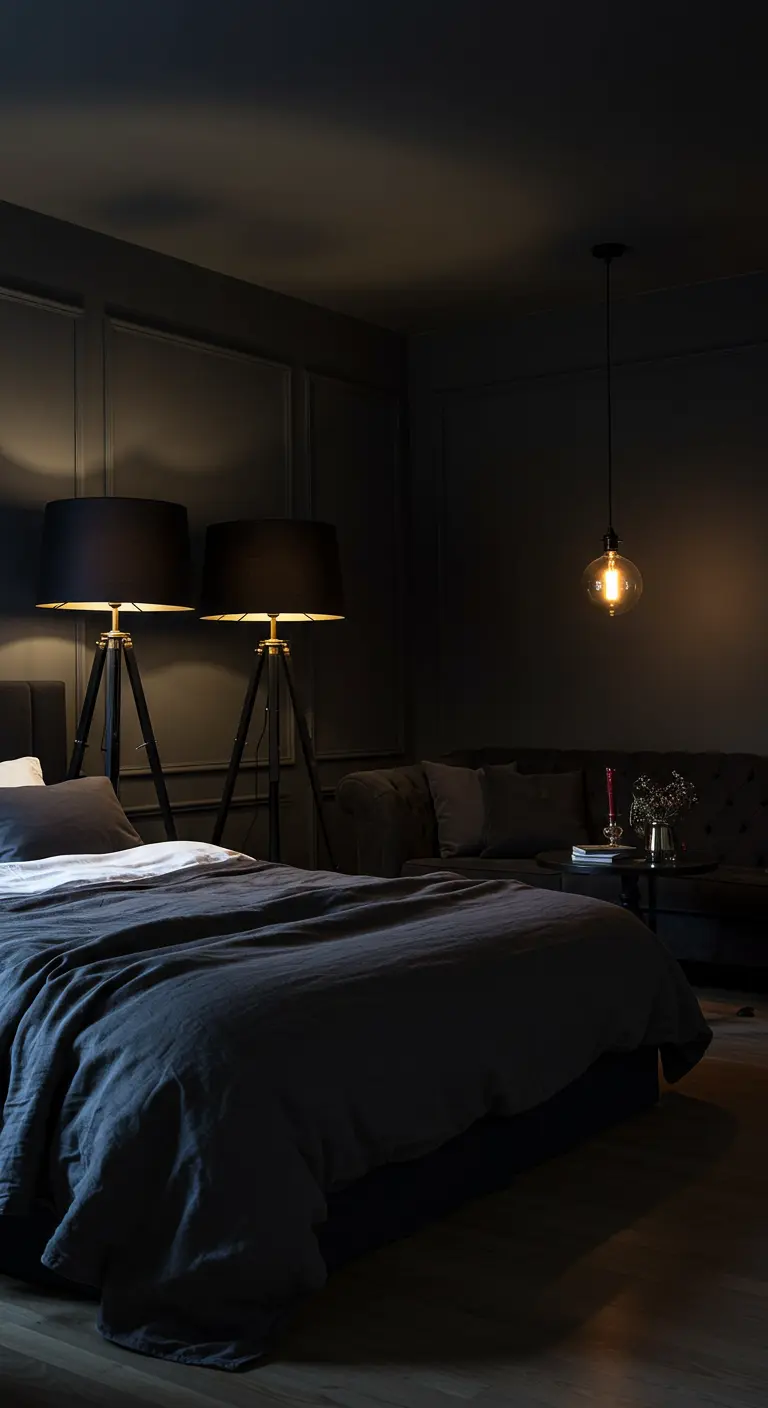 Chambre sombre et élégante avec deux grandes lampes sur pied, une suspension unique et un canapé discret.