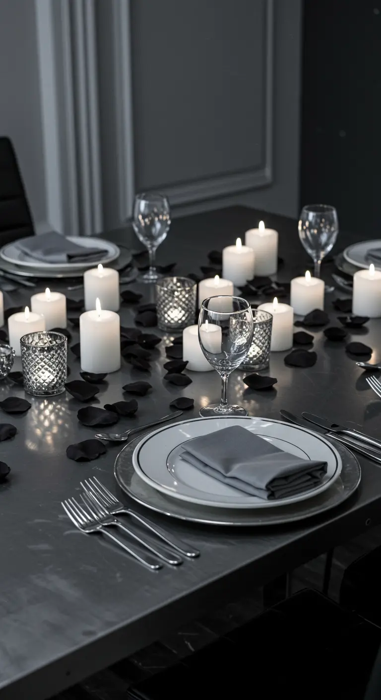 Table de dîner monochrome noire et grise avec des bougies blanches et des accents argentés.