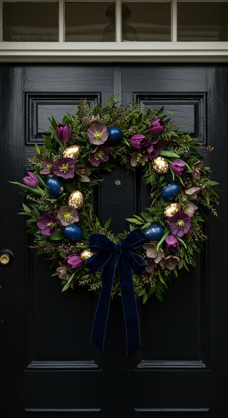 Couronne de fleurs violettes foncées avec des œufs bleus et or sur une porte d'entrée noire.