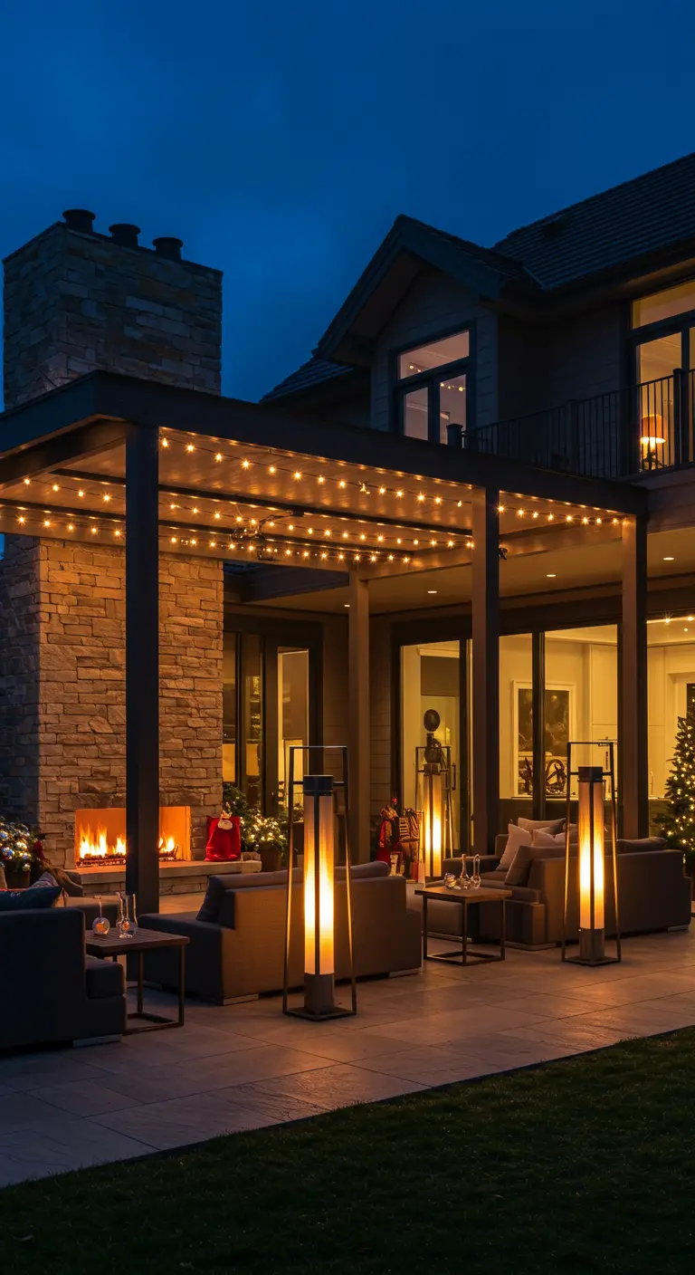 Grande terrasse avec pergola illuminée de guirlandes, cheminée extérieure, lampes sur pied et mobilier de salon.
