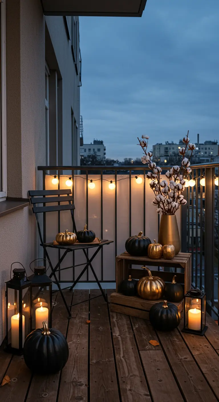 Balcon de ville décoré avec des citrouilles noires et dorées, des lanternes et des guirlandes.