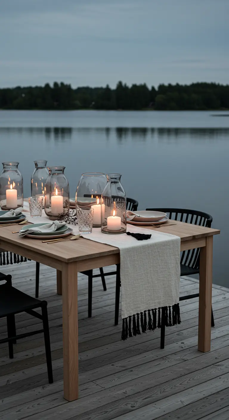 Table sur un ponton avec un chemin de table blanc à pompons et des photophores.