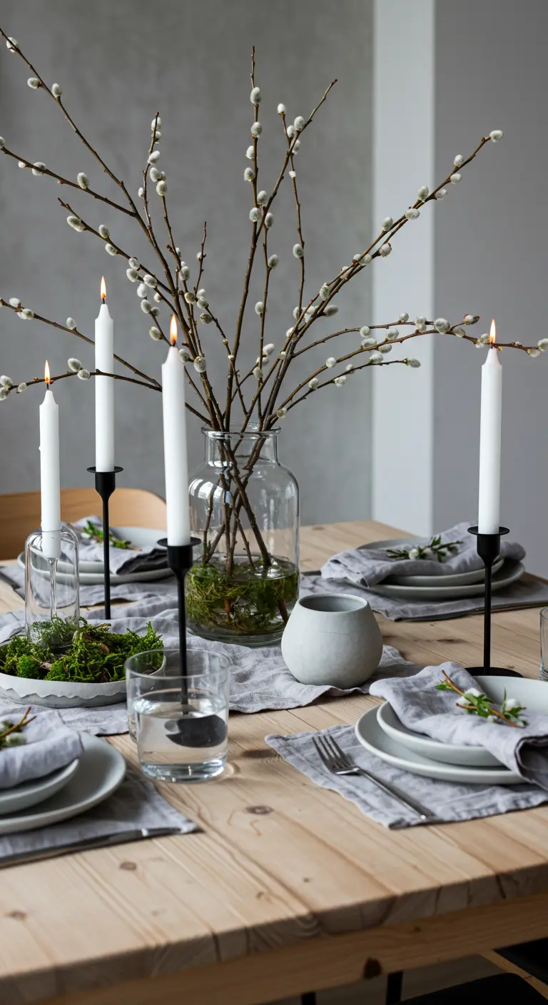 Table de Pâques scandinave avec branches de saule, bougies et lin gris.