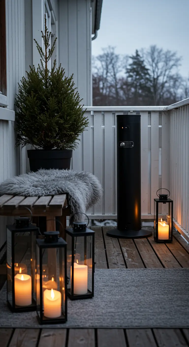 Balcon moderne avec chauffage colonne, lanternes et un petit sapin en pot.