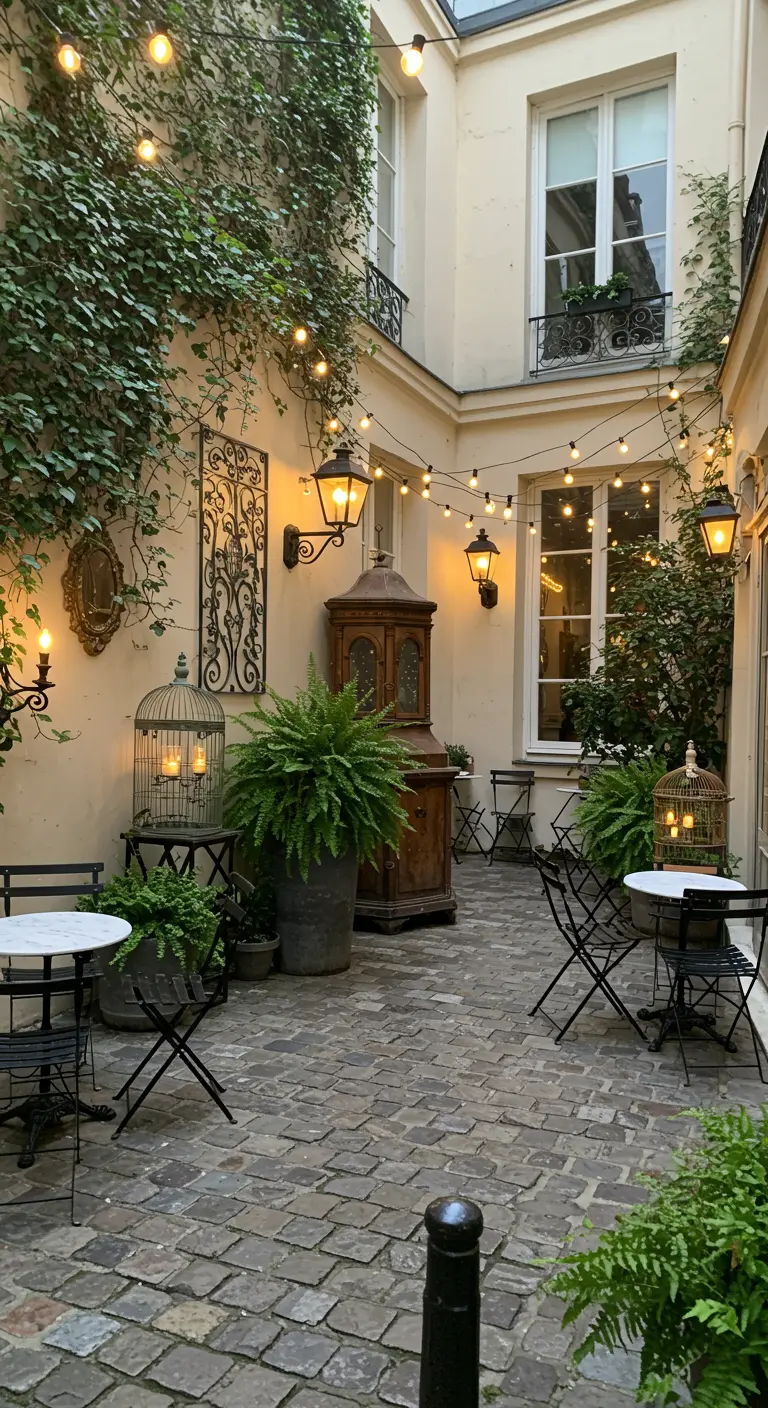 Cour pavée parisienne avec lierre, guirlandes, appliques murales, fougères en pots et mobilier de bistrot.