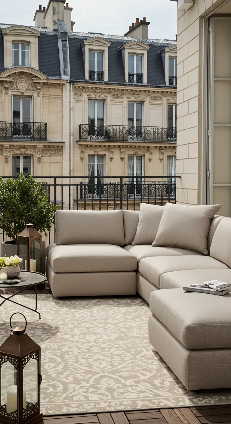Grand canapé d'angle beige sur un balcon parisien avec un tapis à motifs ton sur ton.